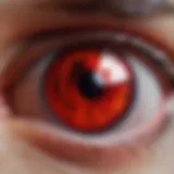 A close-up shot of a striking red-eye effect in a portrait photograph.