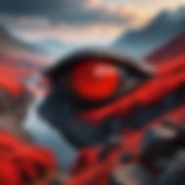 An artistic representation of red eyes in a dramatic landscape shot.