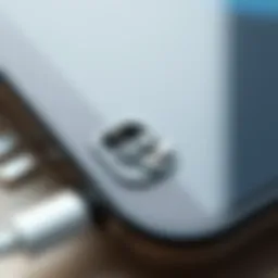 Close-up view of an iPhone charging port with debris
