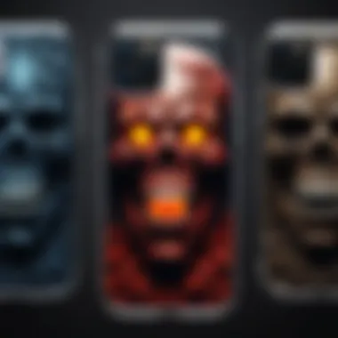 Artistic Display of Horror Phone Cases An artistic display of horror-themed phone cases against a dark background, emphasizing their aesthetic appeal.