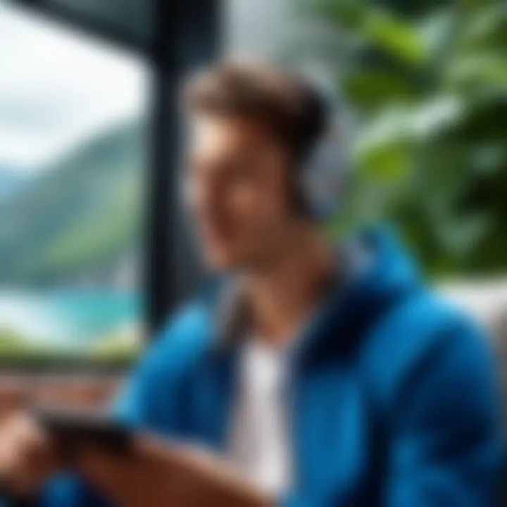 A user enjoying music with wireless headphones in a serene setting.