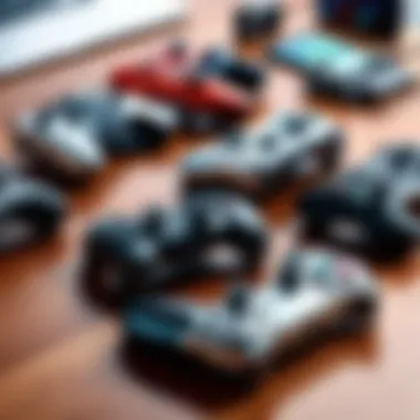 Diverse Controllers for iPhone Gaming A variety of game controllers spread out on a table next to an iPhone