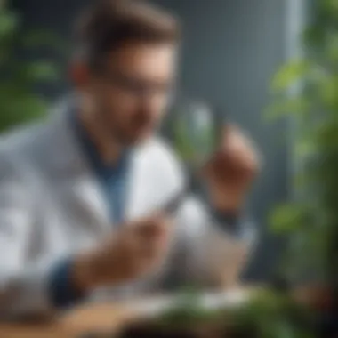 Botanist studying plant specimen with magnifying glass