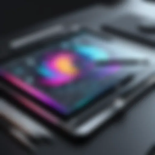 A close-up of a digital drawing tablet with vibrant sketches