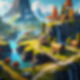 A vibrant mobile game interface showcasing diverse characters and landscapes.