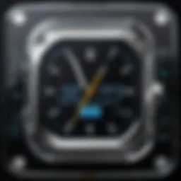 An artistic representation of a digital watch face design software interface