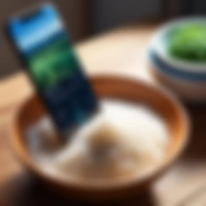 A bowl of rice next to an iPhone for drying purposes