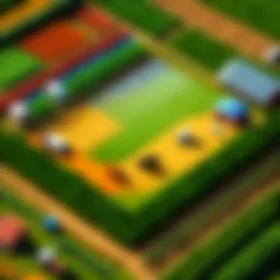 A vibrant virtual farm filled with crops and livestock.