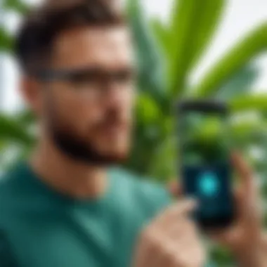 A close-up of a user engaging with a plant identification application outdoors.