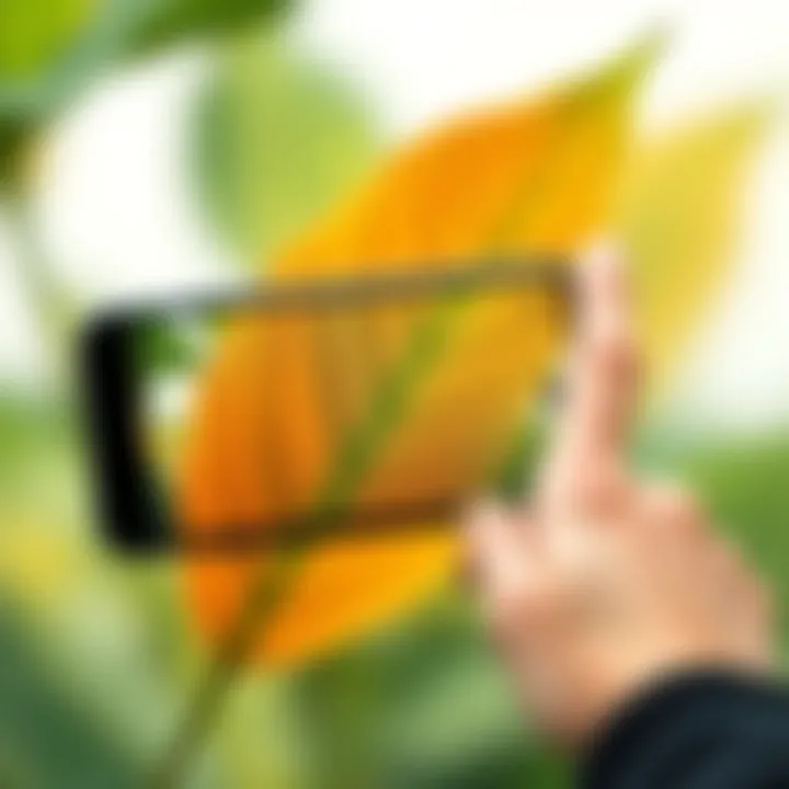 Scanning a Leaf for Identification Close-up of a vibrant leaf being scanned by a smartphone camera