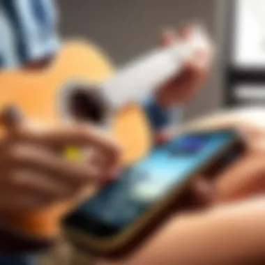 Person using a smartphone for tuning a ukulele in a tranquil setting.