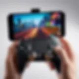 Game controller connected to an iPhone displaying a vibrant game screen