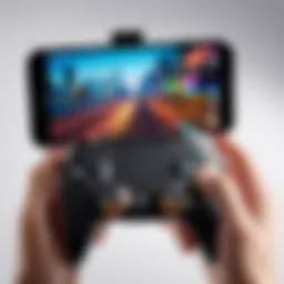 Game controller connected to an iPhone displaying a vibrant game screen