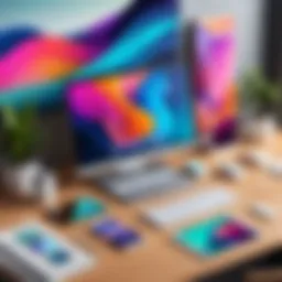 A vibrant digital workspace showcasing various wallpaper design tools and color palettes.