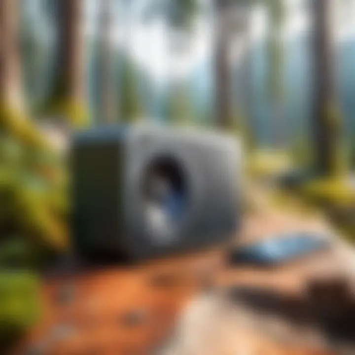 A scenic outdoor setting with a portable speaker, illustrating music enjoyment in nature.