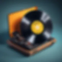 A vinyl record player with a collection of vinyl records showcasing the offline music experience.