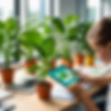 A classroom setting where students use plant identification apps for educational purposes.