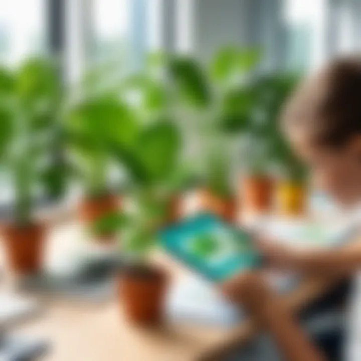 A classroom setting where students use plant identification apps for educational purposes.