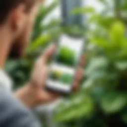 A user interacting with a plant identification application on a smartphone in a lush garden.