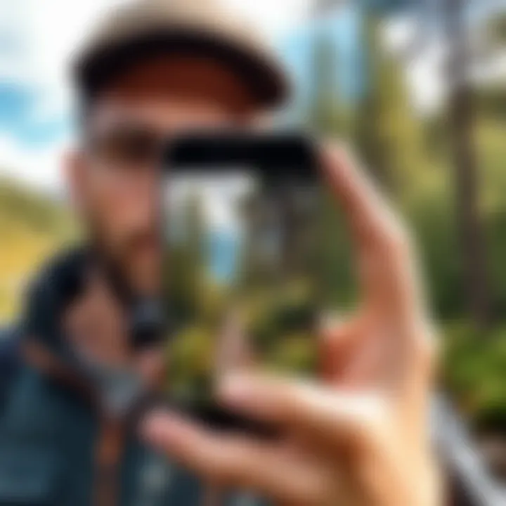 A photographer using an iPhone to take portraits in a beautiful outdoor setting.