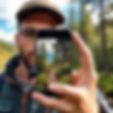 Photography in Nature A photographer using an iPhone to take portraits in a beautiful outdoor setting.