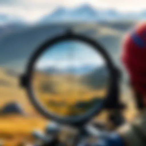 A sniper aiming through a scope with a breathtaking landscape in the background