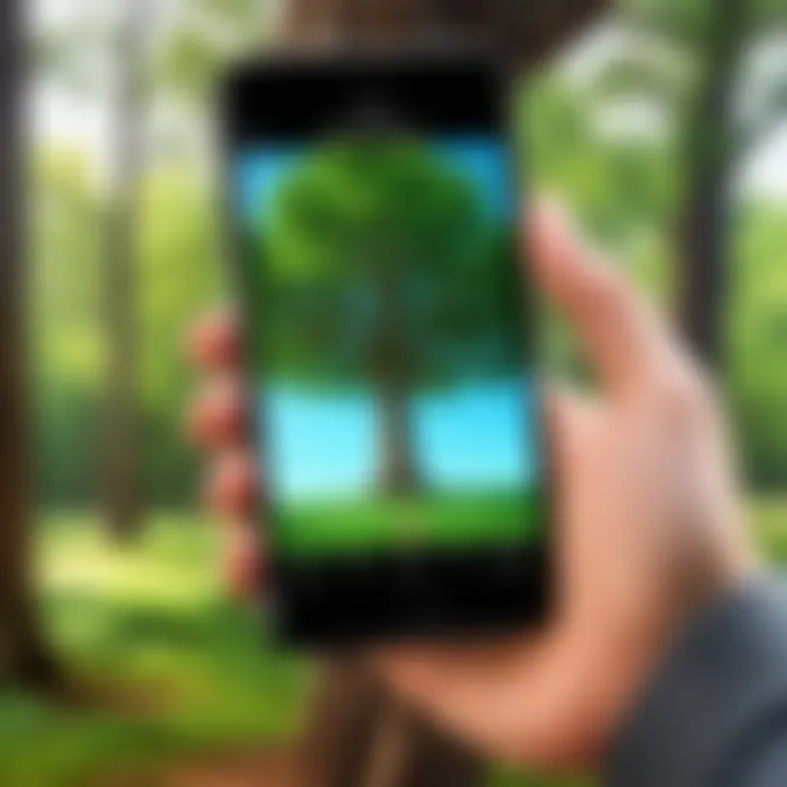 User interacting with a tree identification app on a smartphone outdoors