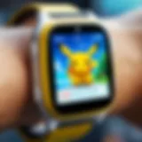 A close-up of a smartwatch displaying Pokemon Go features.