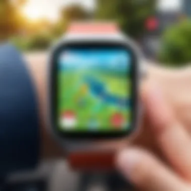 User Engagement with Smartwatch Gaming A user engaging with the Pokemon Go smartwatch during gameplay.