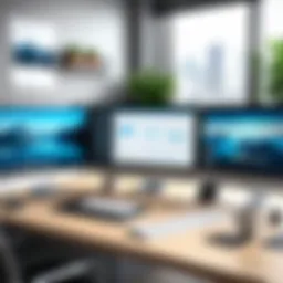 A modern workspace featuring a virtual desktop interface