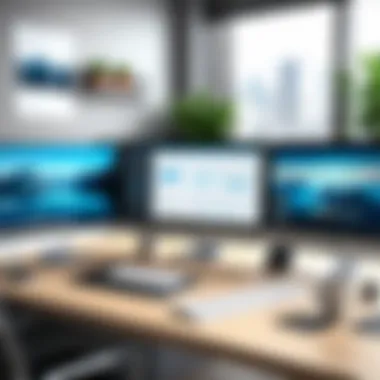 A modern workspace featuring a virtual desktop interface