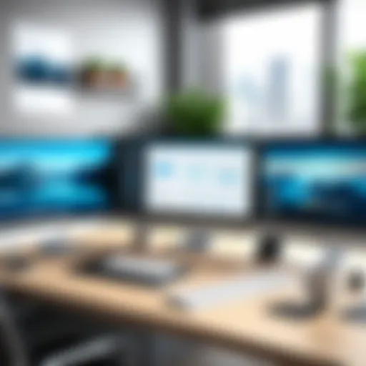 A modern workspace featuring a virtual desktop interface