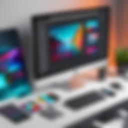 A vibrant workspace displaying various graphic design tools on a digital screen.