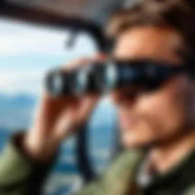 Using Binoculars for Aircraft Observation A person using binoculars to observe aircraft