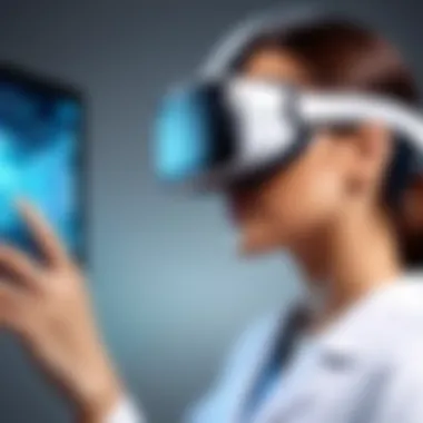VR Transforming Healthcare Training A healthcare professional using a virtual reality headset to simulate medical training, emphasizing innovation in medical education.