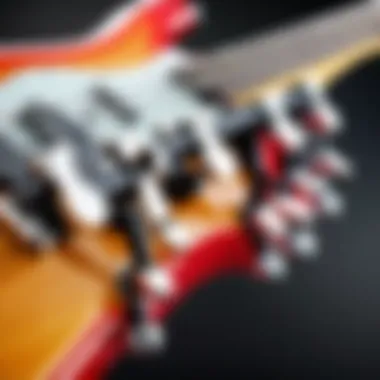 Bass Guitar Tuning Pegs Close-Up Close-up of a bass guitar with tuning pegs highlighted