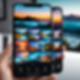 A sleek photo gallery app interface showcasing various image thumbnails.
