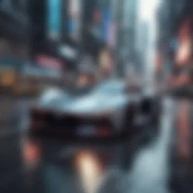 Sleek racing car zooming through futuristic cityscape