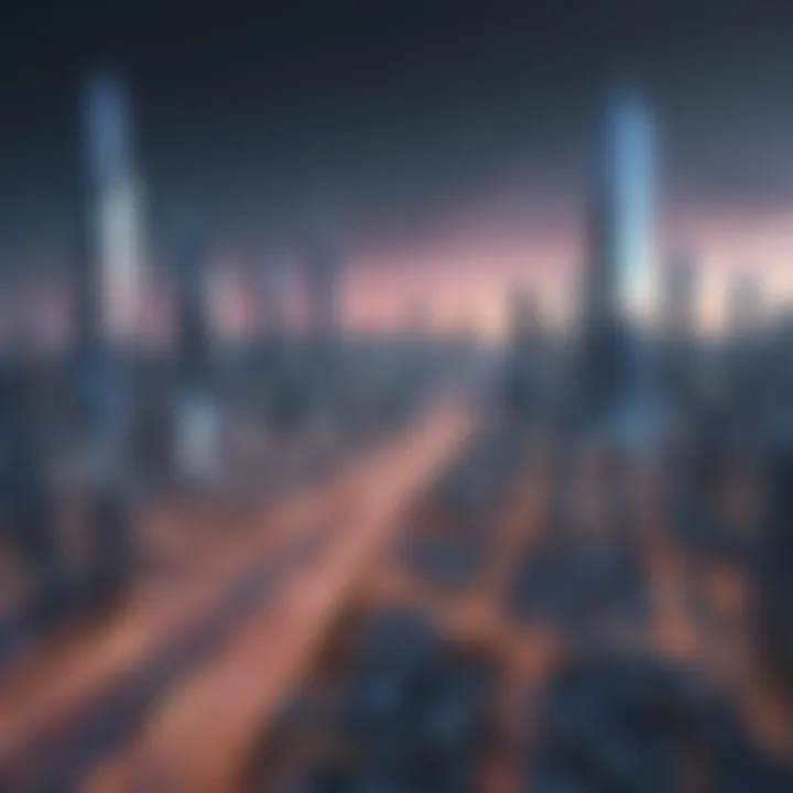 Rendered 3D model of futuristic cityscape