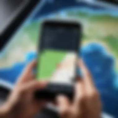 Navigating with Satellite Maps User interacting with a satellite map app while navigating
