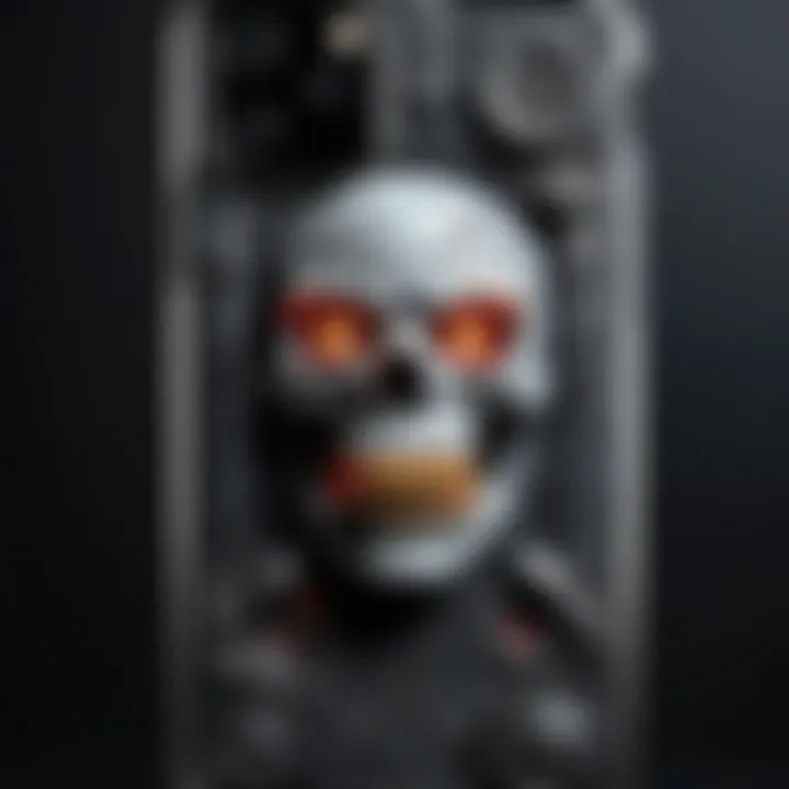 Close-up of a textured horror phone case featuring iconic horror motifs, highlighting its unique craftsmanship.