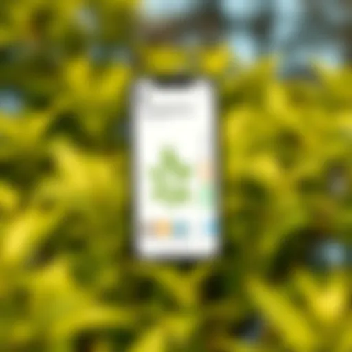 Innovative Plant Identification App on Smartphone A smartphone displaying a plant identification app interface with vibrant green foliage in the background