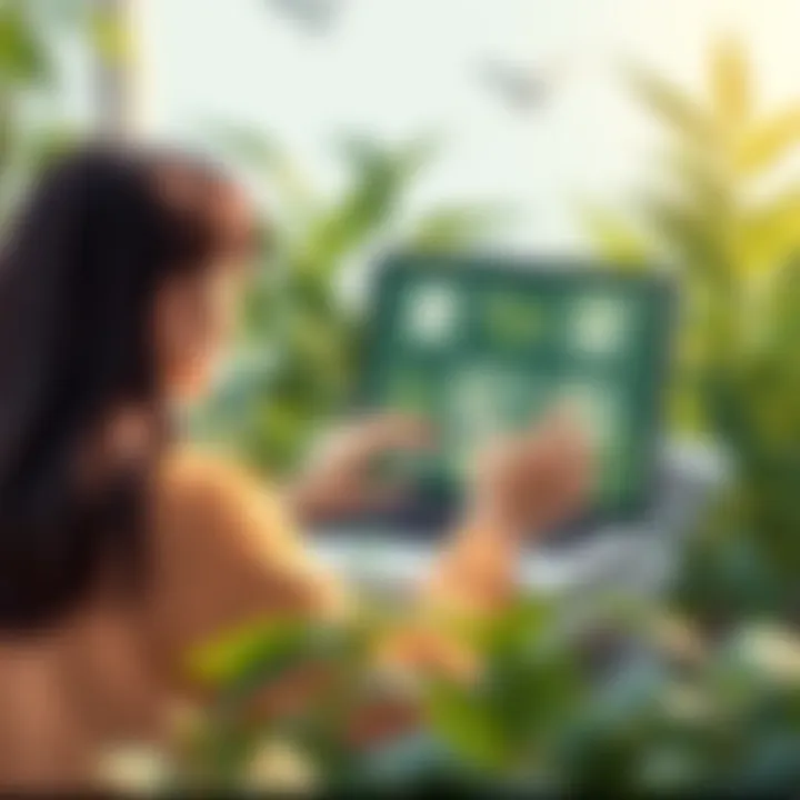 Engaging User Experience with Plant Recognition Technology A user interacting with a plant recognition app, surrounded by lush greenery and educational resources