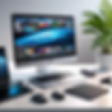 Creative Multimedia Workspace A creative workspace showcasing a laptop with a multimedia presentation including photos and sound.