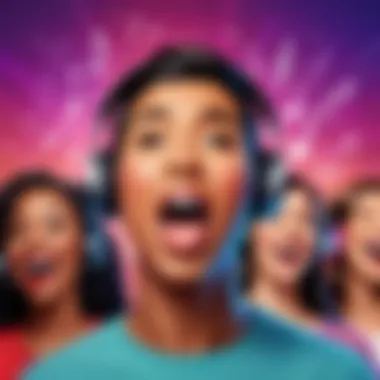 Artistic depiction of a diverse group engaging with singing apps