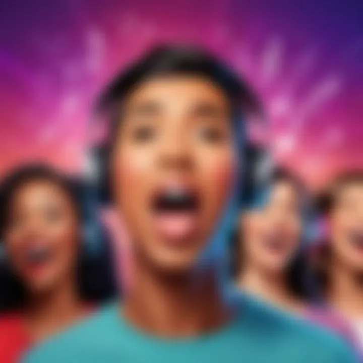 Artistic depiction of a diverse group engaging with singing apps
