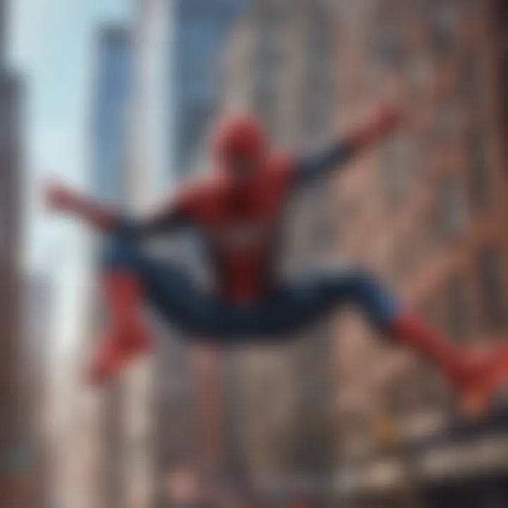 Tom Holland portraying the iconic Spider-Man swinging through the city