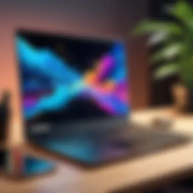 Dynamic Creative Workspace A creative workspace featuring a laptop with editing software open and vibrant visuals on the screen