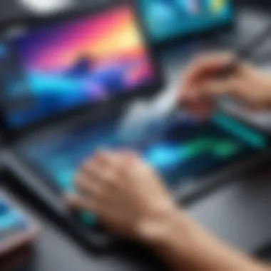 Innovative Tablet Editing An artist's hand interacting with a touchscreen tablet while editing an image, showcasing vibrant graphics