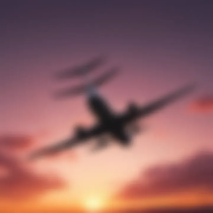 Silhouette of a commercial jet against the sunset sky